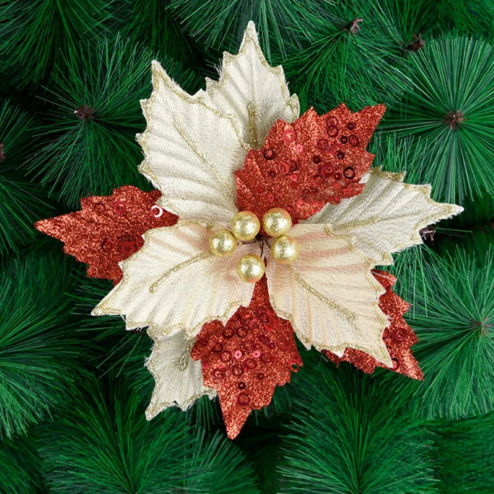 1 Pieces Christmas Glitter Artificial Flowers Christmas Tree Ornament Flower