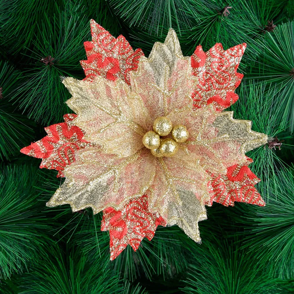 1 Pieces Christmas Glitter Artificial Flowers Christmas Tree Ornament Flower