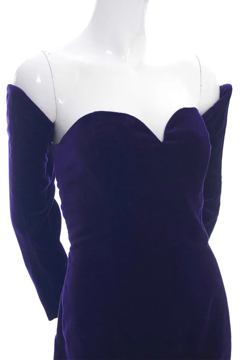 1980s Travilla Purple Velvet Strapless Dress w/ Detached Sleeves