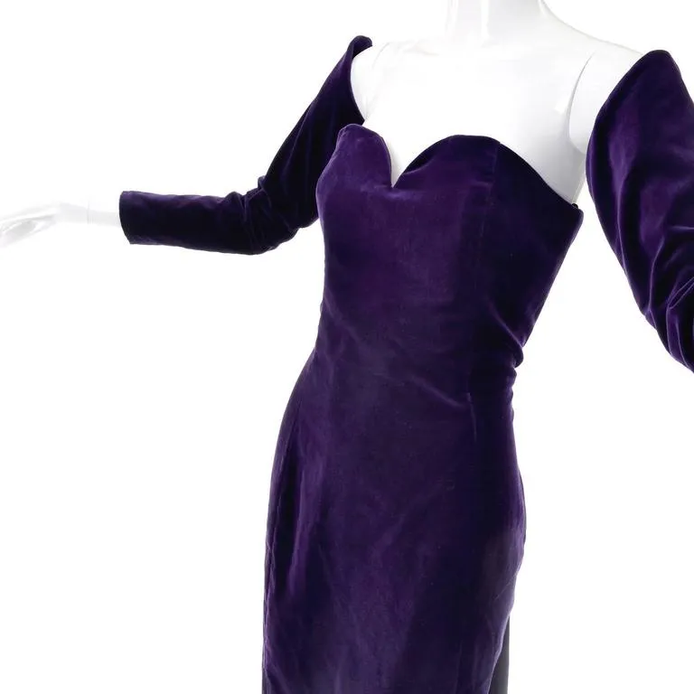 1980s Travilla Purple Velvet Strapless Dress w/ Detached Sleeves