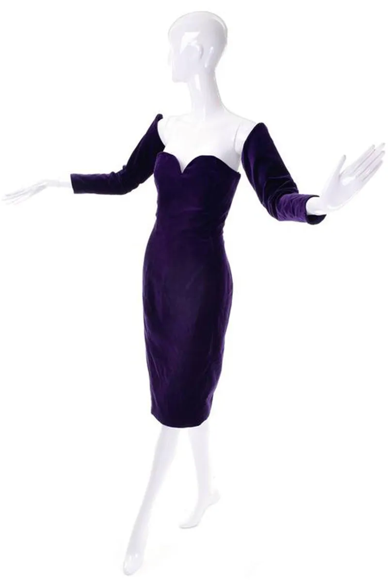 1980s Travilla Purple Velvet Strapless Dress w/ Detached Sleeves