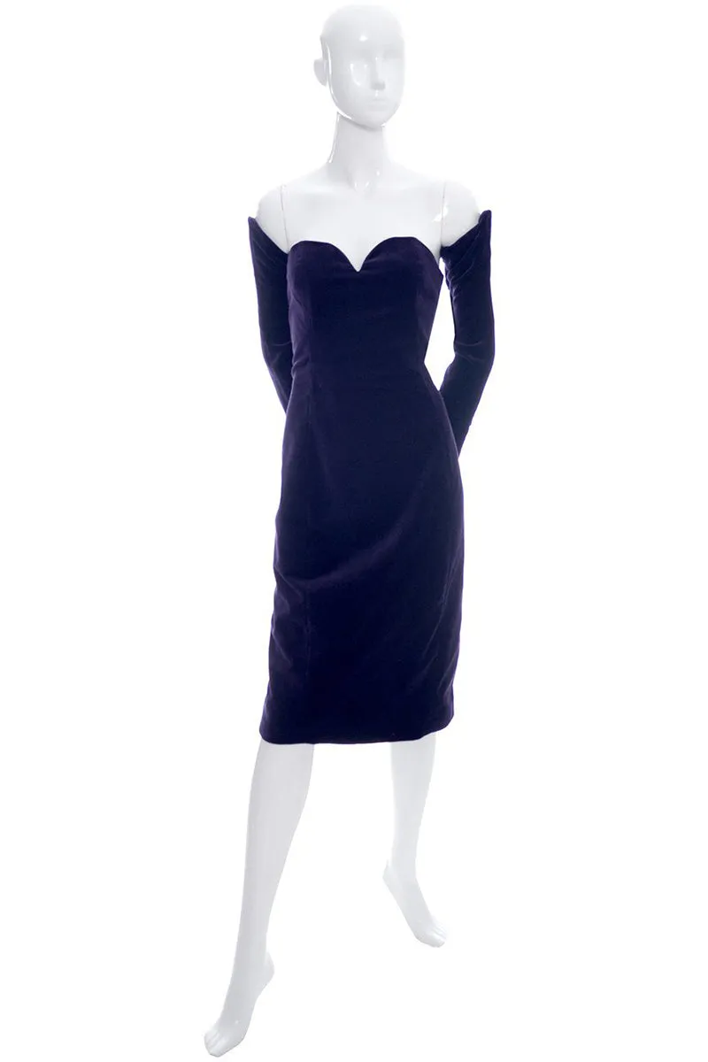 1980s Travilla Purple Velvet Strapless Dress w/ Detached Sleeves