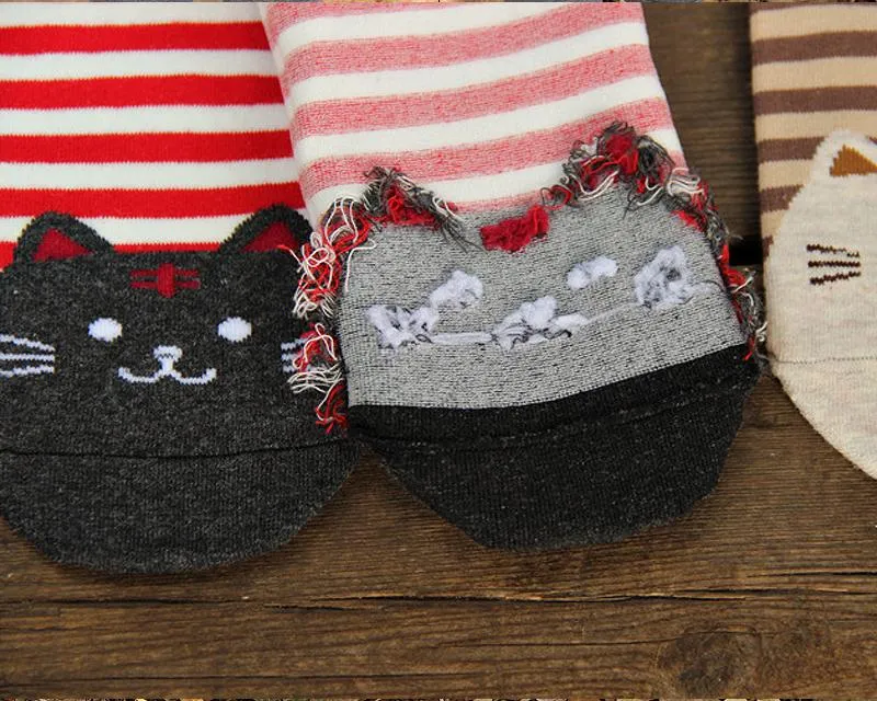 6 Pairs Cat Pattern Cotton Socks Stripe Socks