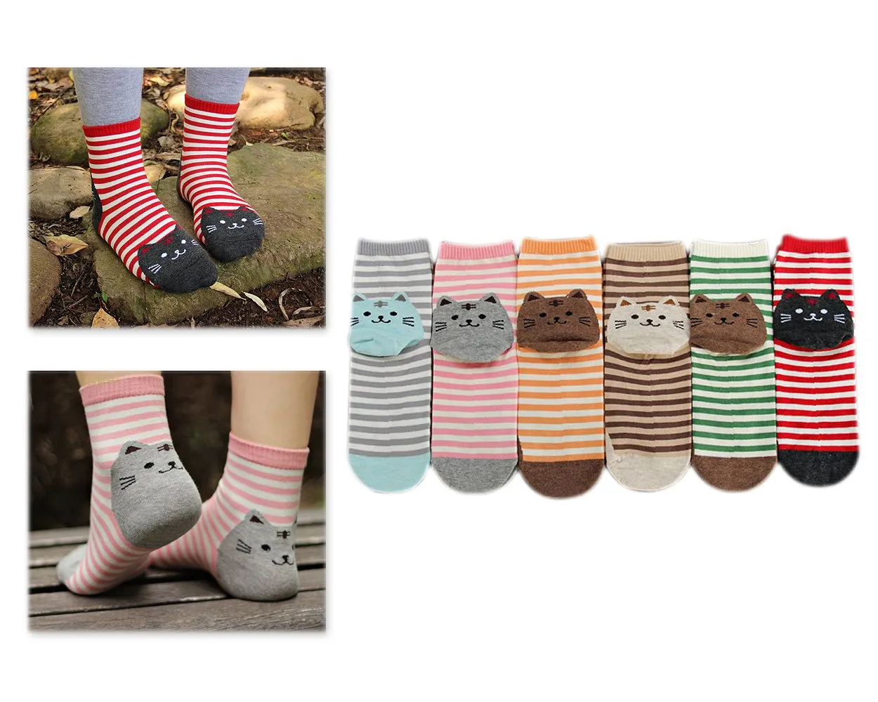 6 Pairs Cat Pattern Cotton Socks Stripe Socks