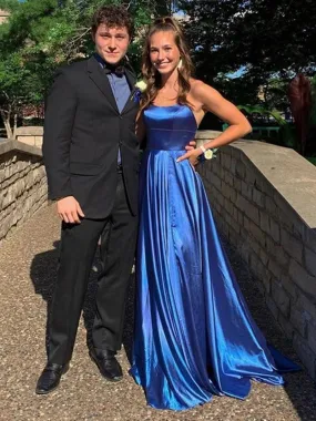 A Line Backless Blue Satin Long Prom with Straps, Backless Blue Formal Graduation Evening