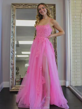 A Line Backless Pink Lace Long Prom Dresses with High Slit, Backless Pink Formal Dresses, Pink Lace Evening Dresses