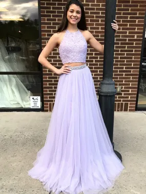 A Line Halter Neck Two Pieces Backless Lace Lavender Prom, Lavender Lace Formal, Two Pieces Lace Lavender Evening