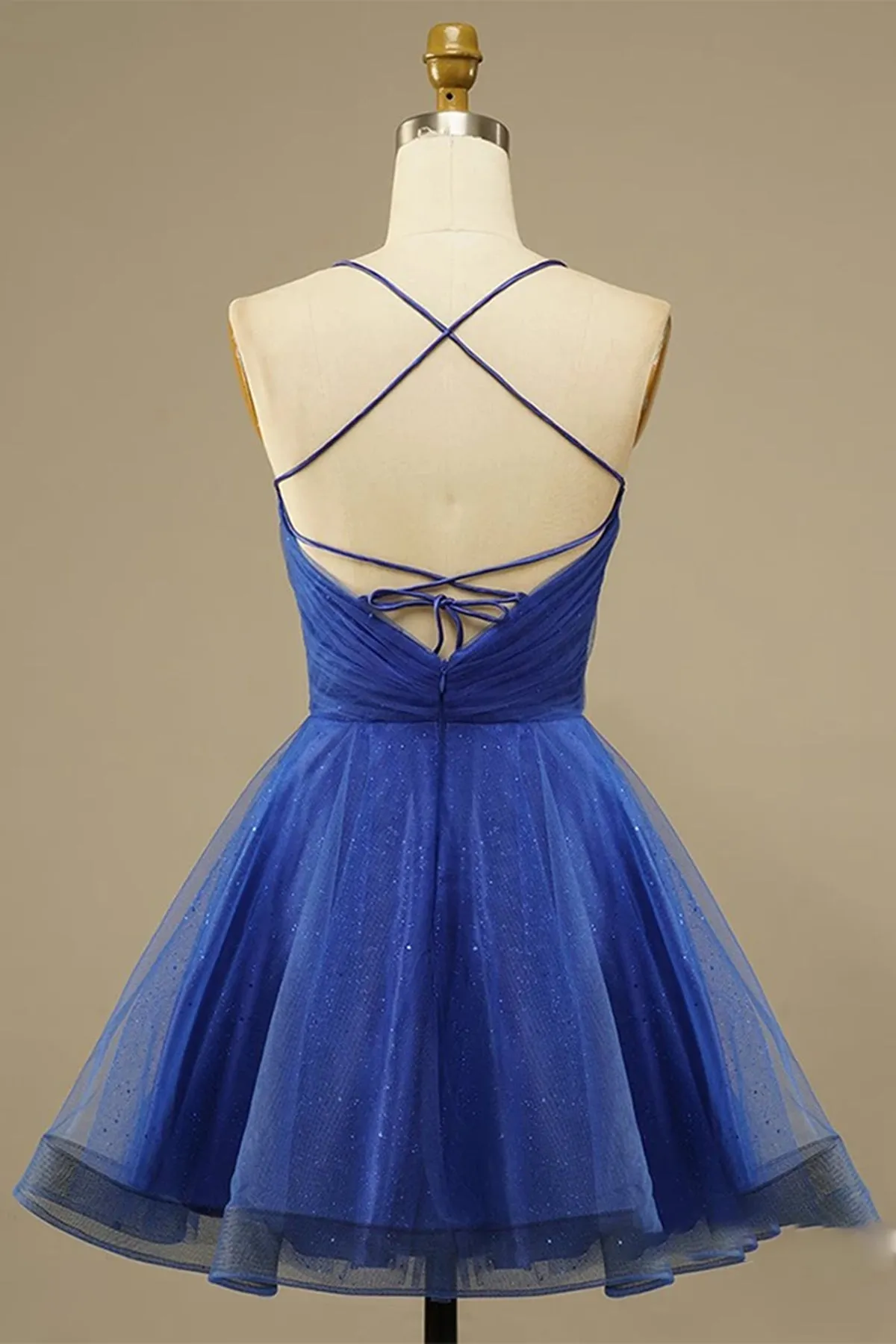 A Line V Neck Backless Blue Tulle Prom Dress, Backless Blue Homecoming Dress, Short Blue Formal Evening Dress A1639