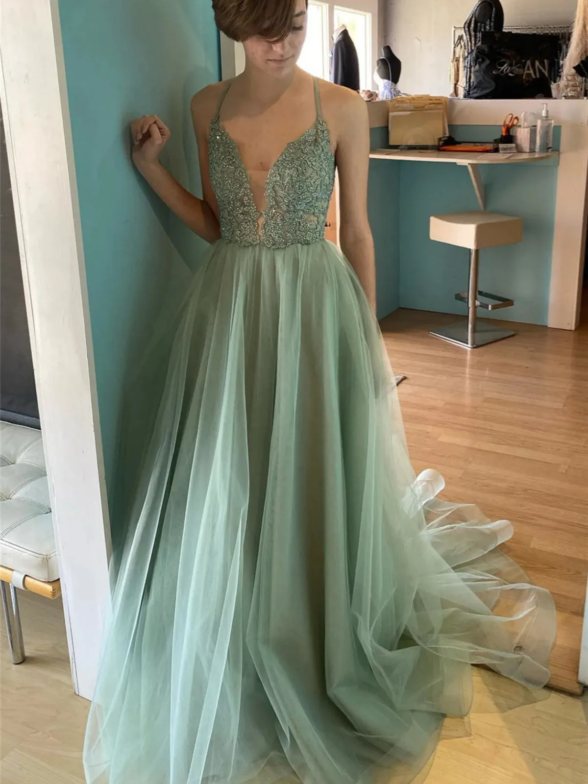 A Line V Neck Backless Sage Lace Long Prom Dresses, Sage Lace Formal Dresses, Sage Evening Dresses SP2948