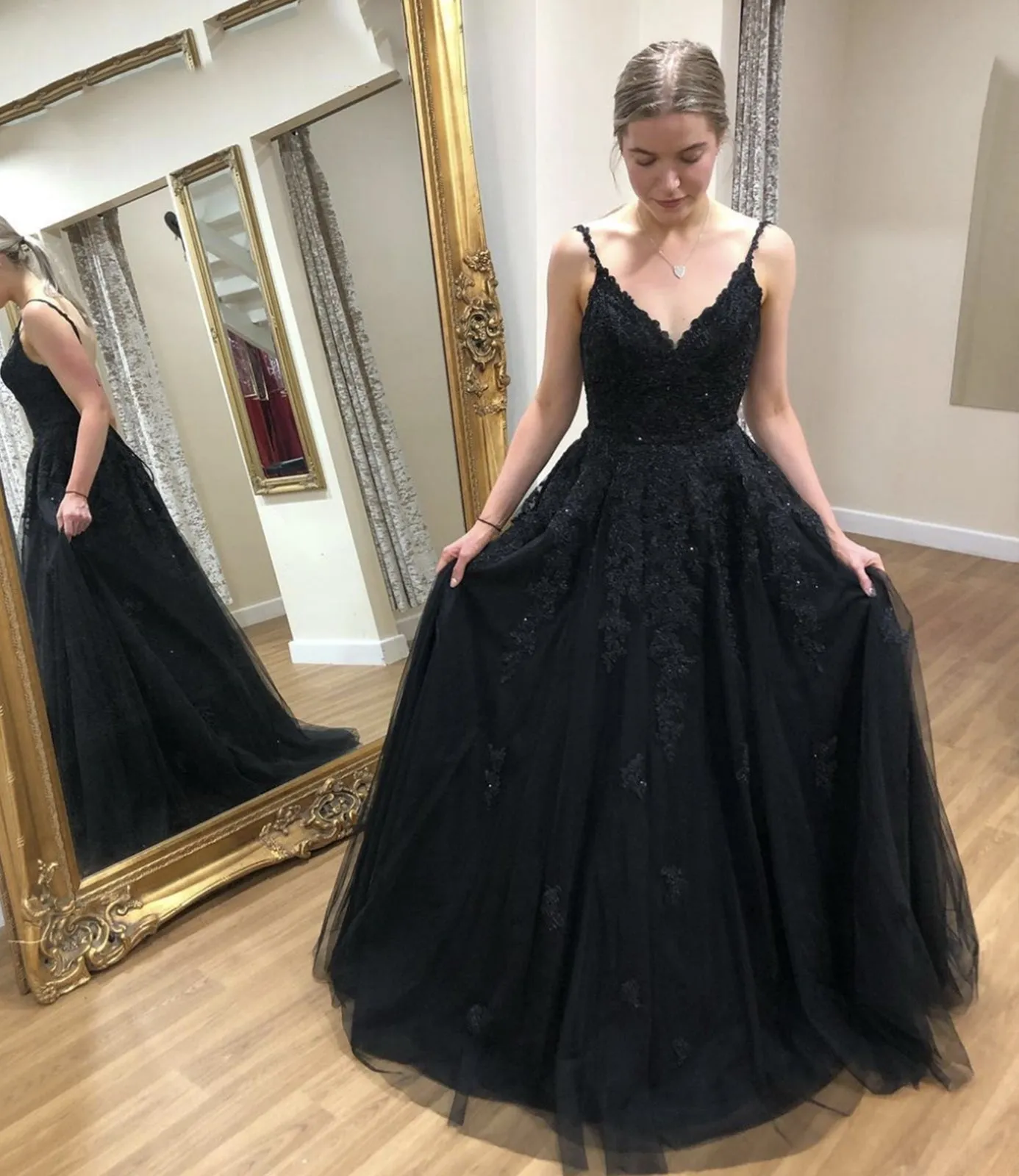 A Line V Neck Open Back Black Lace Long Prom, Black Lace Formal, Black Evening