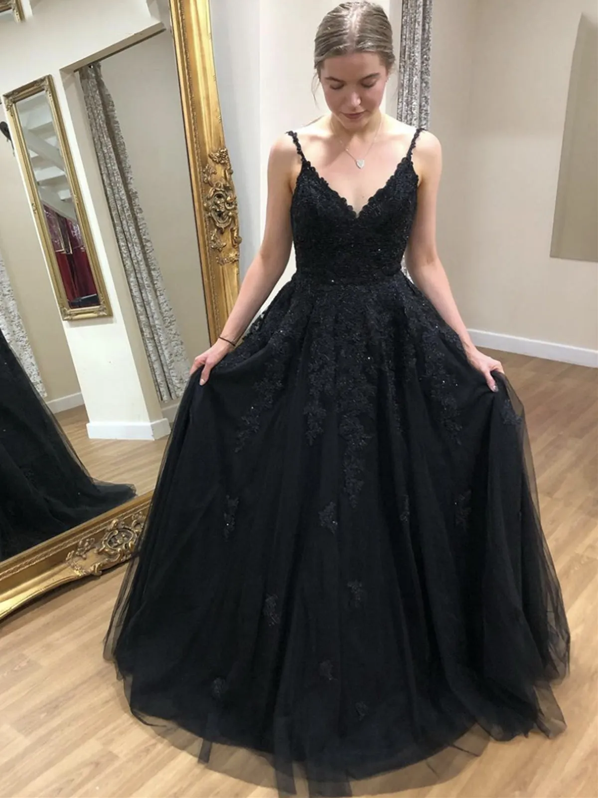 A Line V Neck Open Back Black Lace Long Prom, Black Lace Formal, Black Evening