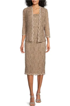 Alex Evenings Square Neck Sleeveless Bodycon Floral Lace Dress With Long Sleeve Open Front Lace Jacket