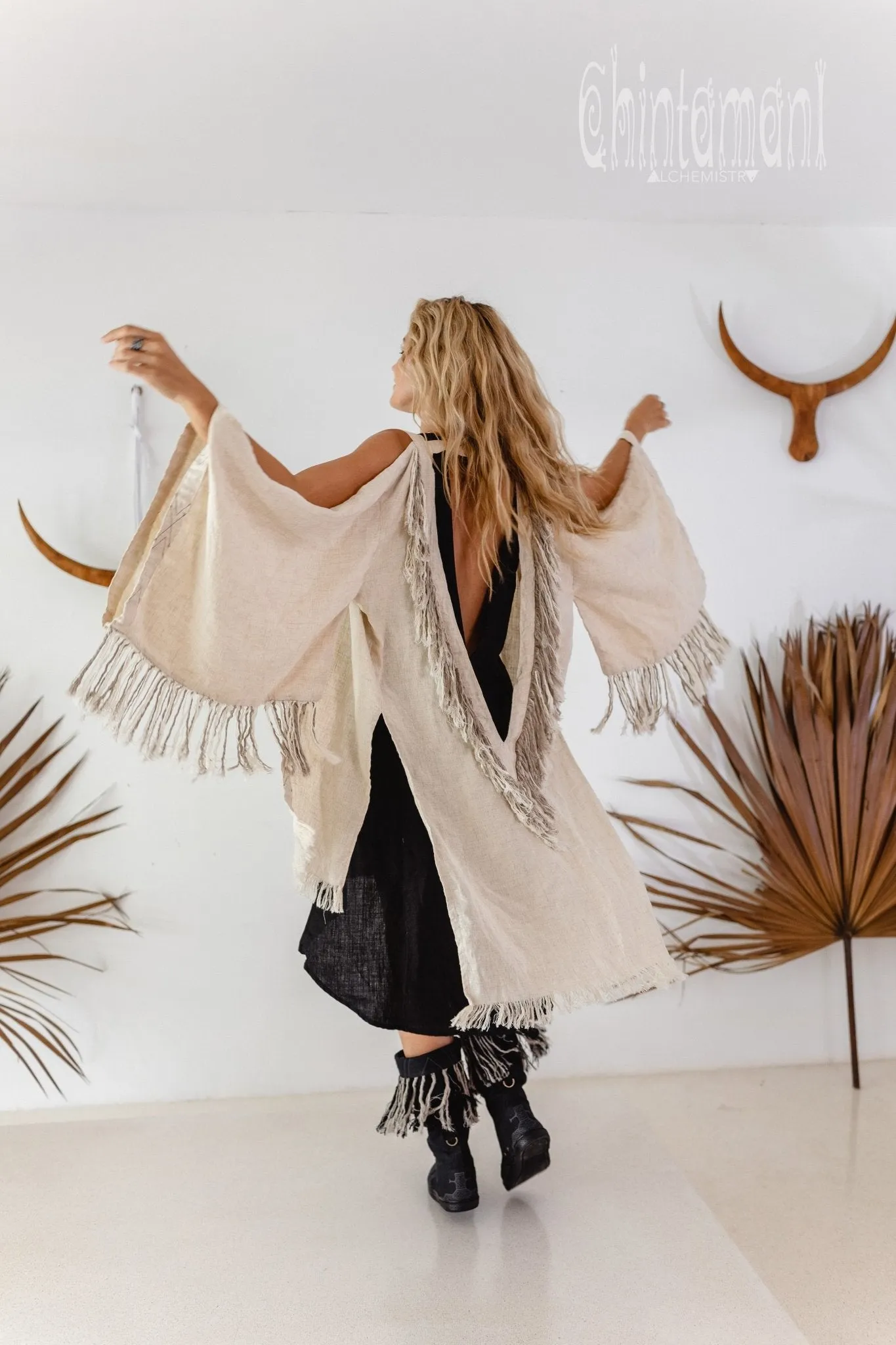 Alma Libra Linen Fringe Kimono ∆ Boho Cardigan Robe / Cream