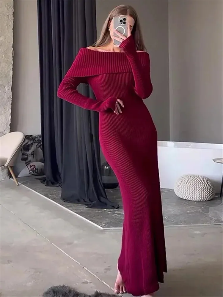 Amozae Fashion Knit Long Dress Off-Shoulder Female Ribbed Loose High Waist Elegant Autumn Party Dress Ladies Knitwear Maxi Dress