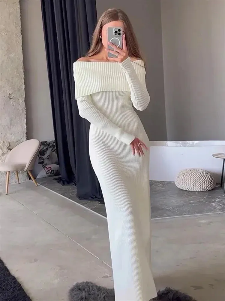 Amozae Fashion Knit Long Dress Off-Shoulder Female Ribbed Loose High Waist Elegant Autumn Party Dress Ladies Knitwear Maxi Dress