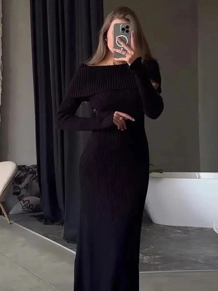 Amozae Fashion Knit Long Dress Off-Shoulder Female Ribbed Loose High Waist Elegant Autumn Party Dress Ladies Knitwear Maxi Dress