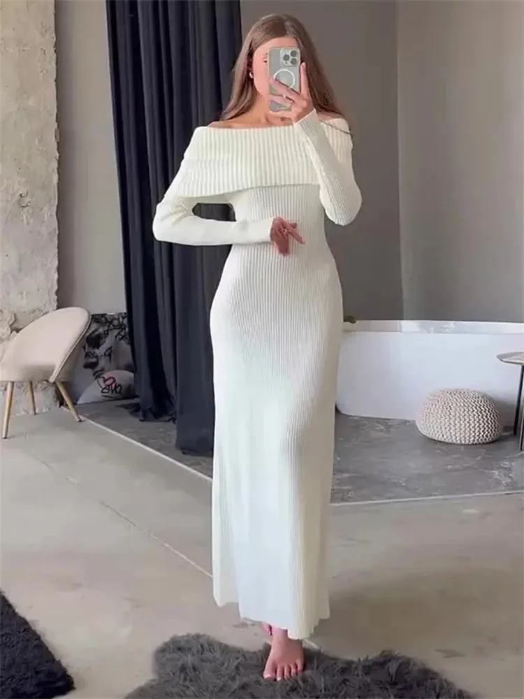 Amozae Fashion Knit Long Dress Off-Shoulder Female Ribbed Loose High Waist Elegant Autumn Party Dress Ladies Knitwear Maxi Dress