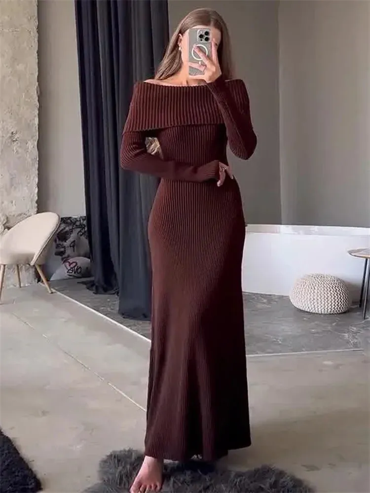 Amozae Fashion Knit Long Dress Off-Shoulder Female Ribbed Loose High Waist Elegant Autumn Party Dress Ladies Knitwear Maxi Dress