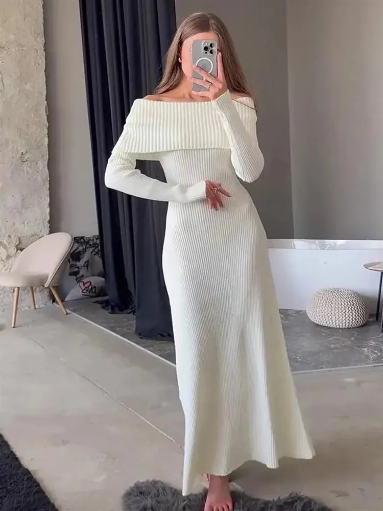 Amozae Fashion Knit Long Dress Off-Shoulder Female Ribbed Loose High Waist Elegant Autumn Party Dress Ladies Knitwear Maxi Dress