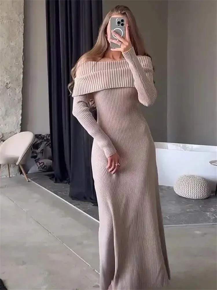 Amozae Fashion Knit Long Dress Off-Shoulder Female Ribbed Loose High Waist Elegant Autumn Party Dress Ladies Knitwear Maxi Dress