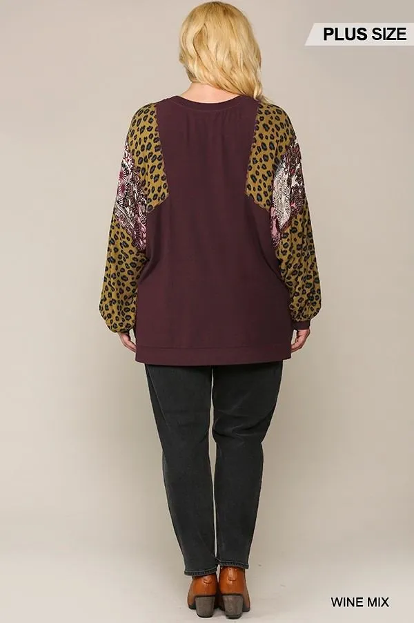 Animal And Paisley Print Mixed Tunic Top With Side Slit