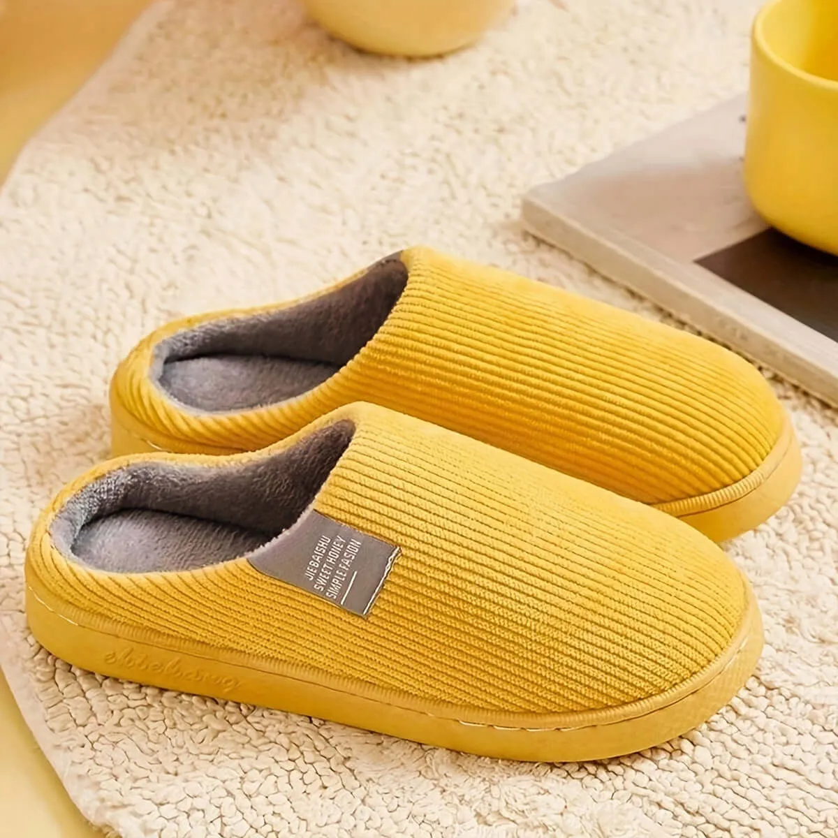 Anti-Slip Soft Plush Cozy Ribbed Corduroy House Slippers