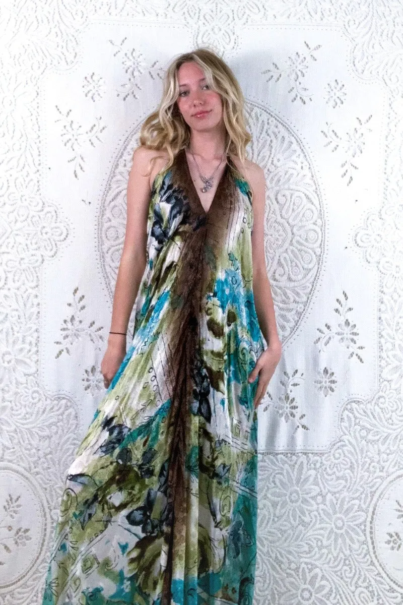 Athena Maxi Dress - Vintage Sari - Aqua & Earth Tone Illustrations - XS - M/L