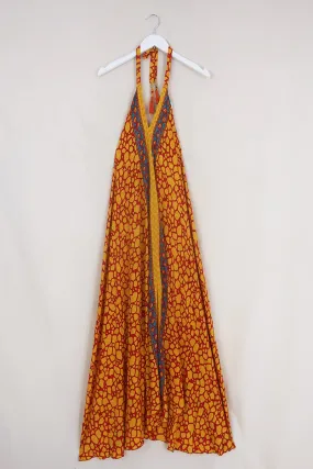 Athena Maxi Dress - Vintage Sari - Fiery Amber Stones - Free Size S/M