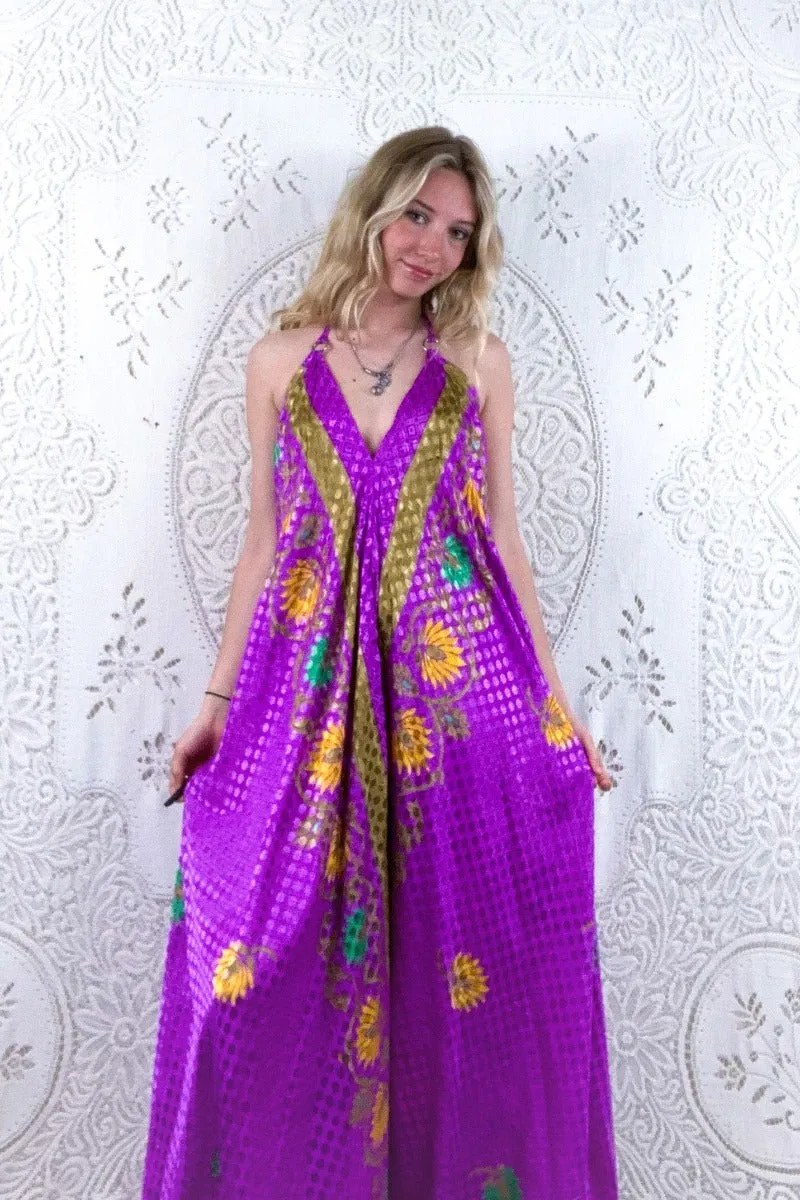 Athena Maxi Dress - Vintage Sari - Magenta & Bright Floral Fans - S - L/XL