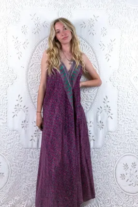 Athena Maxi Dress - Vintage Sari - Mulberry Purple & Jade Tile Print - XS - M/L