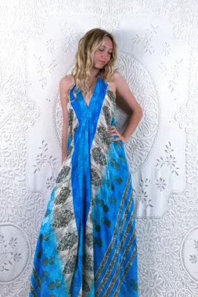 Athena Maxi Dress - Vintage Sari - Oceanic Blue Floral Shimmer - S - M/L