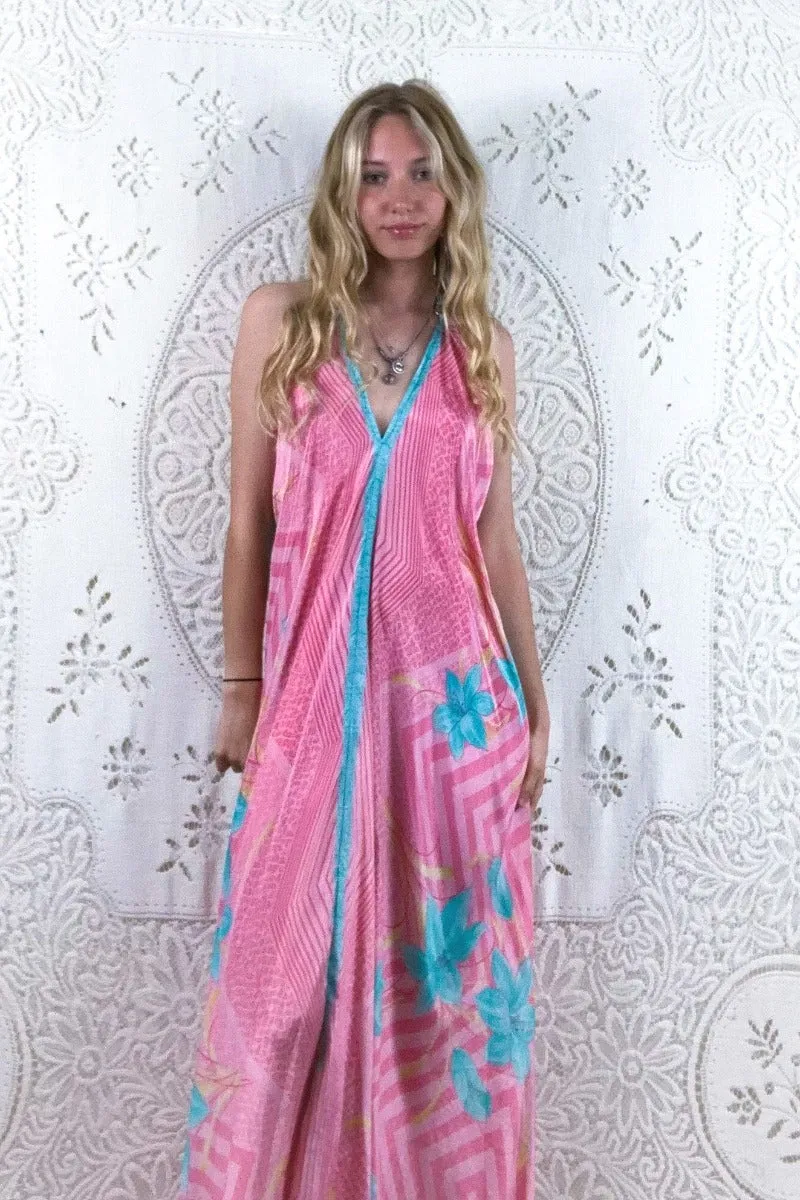 Athena Maxi Dress - Vintage Sari - Pink Lemonade & Mint Floral - S - M/L