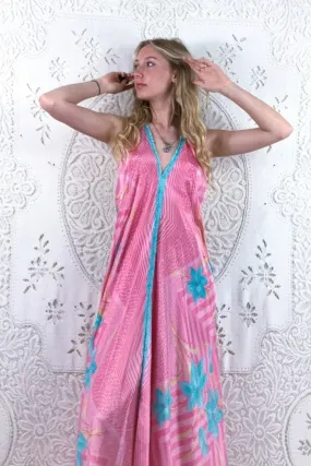 Athena Maxi Dress - Vintage Sari - Pink Lemonade & Mint Floral - S - M/L