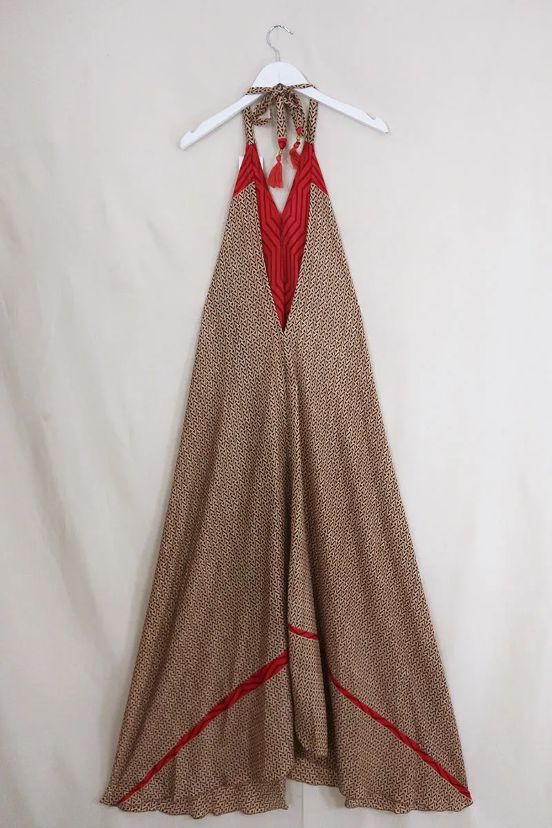 Athena Maxi Dress - Vintage Sari - Rosehip & Tan Chevron - Free Size S/M