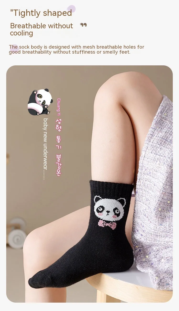 Autumn And Winter Purple Panda Cartoon Mid Tube Cotton Boys And Girls Athletic Socks