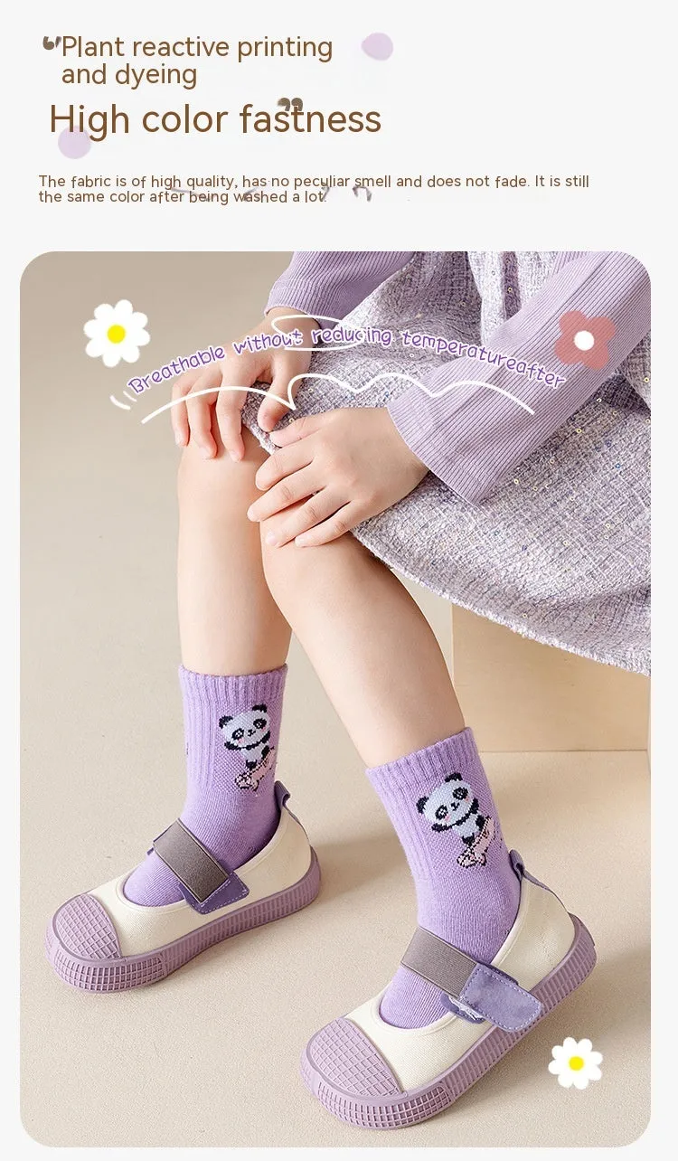 Autumn And Winter Purple Panda Cartoon Mid Tube Cotton Boys And Girls Athletic Socks