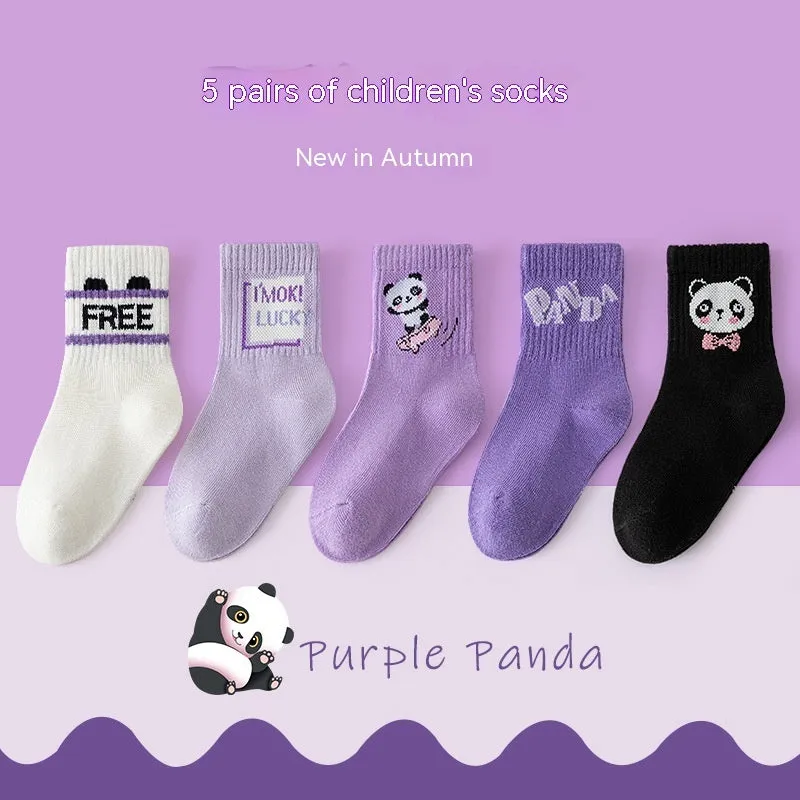 Autumn And Winter Purple Panda Cartoon Mid Tube Cotton Boys And Girls Athletic Socks