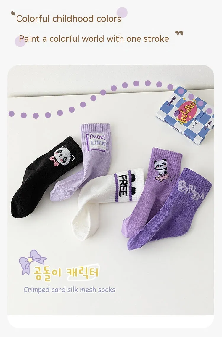 Autumn And Winter Purple Panda Cartoon Mid Tube Cotton Boys And Girls Athletic Socks