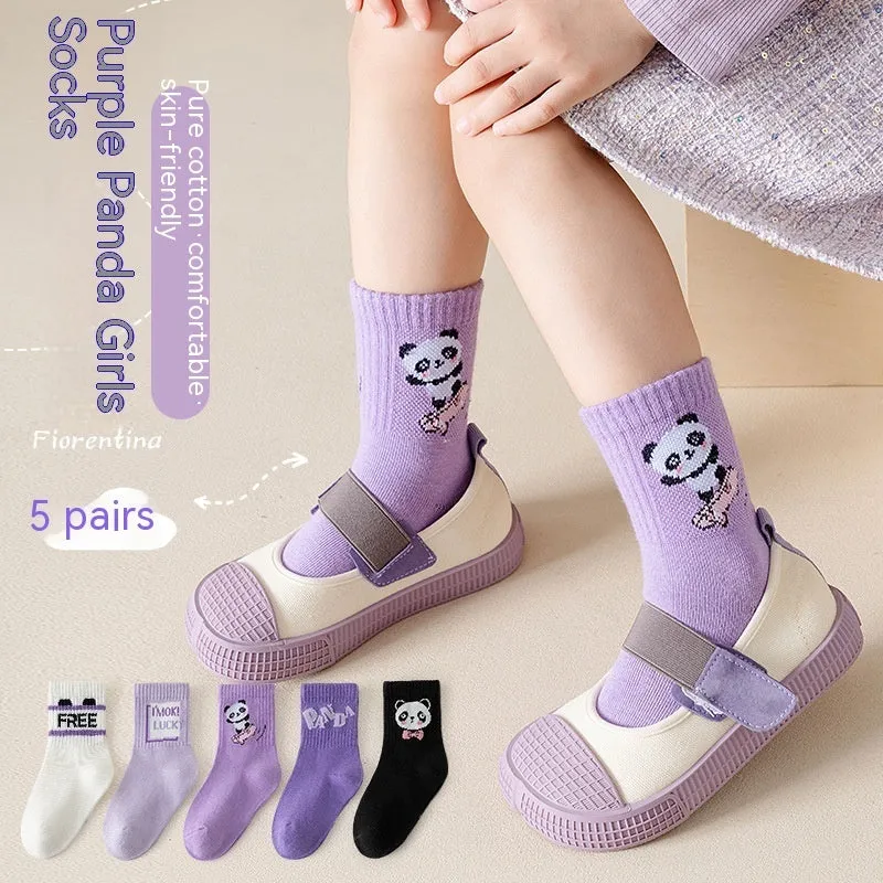 Autumn And Winter Purple Panda Cartoon Mid Tube Cotton Boys And Girls Athletic Socks