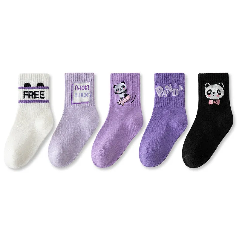 Autumn And Winter Purple Panda Cartoon Mid Tube Cotton Boys And Girls Athletic Socks