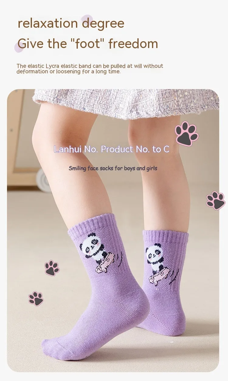 Autumn And Winter Purple Panda Cartoon Mid Tube Cotton Boys And Girls Athletic Socks