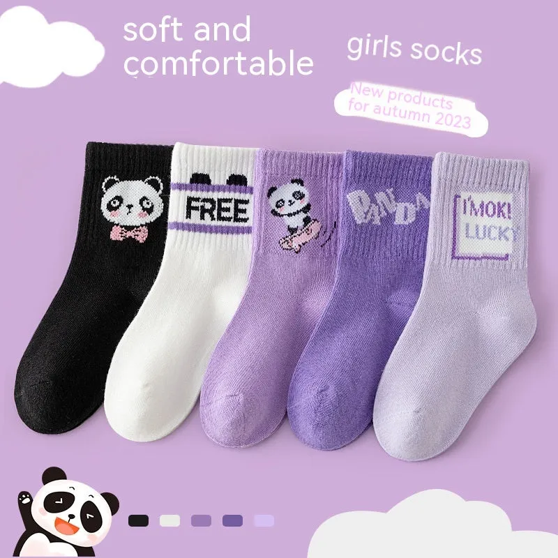 Autumn And Winter Purple Panda Cartoon Mid Tube Cotton Boys And Girls Athletic Socks