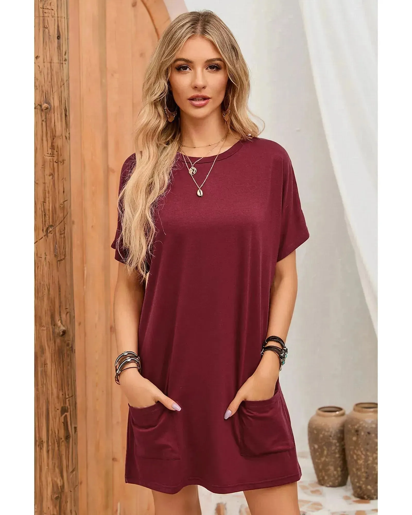 Azura Exchange Short Sleeve Tunic Top with Side Pockets - S