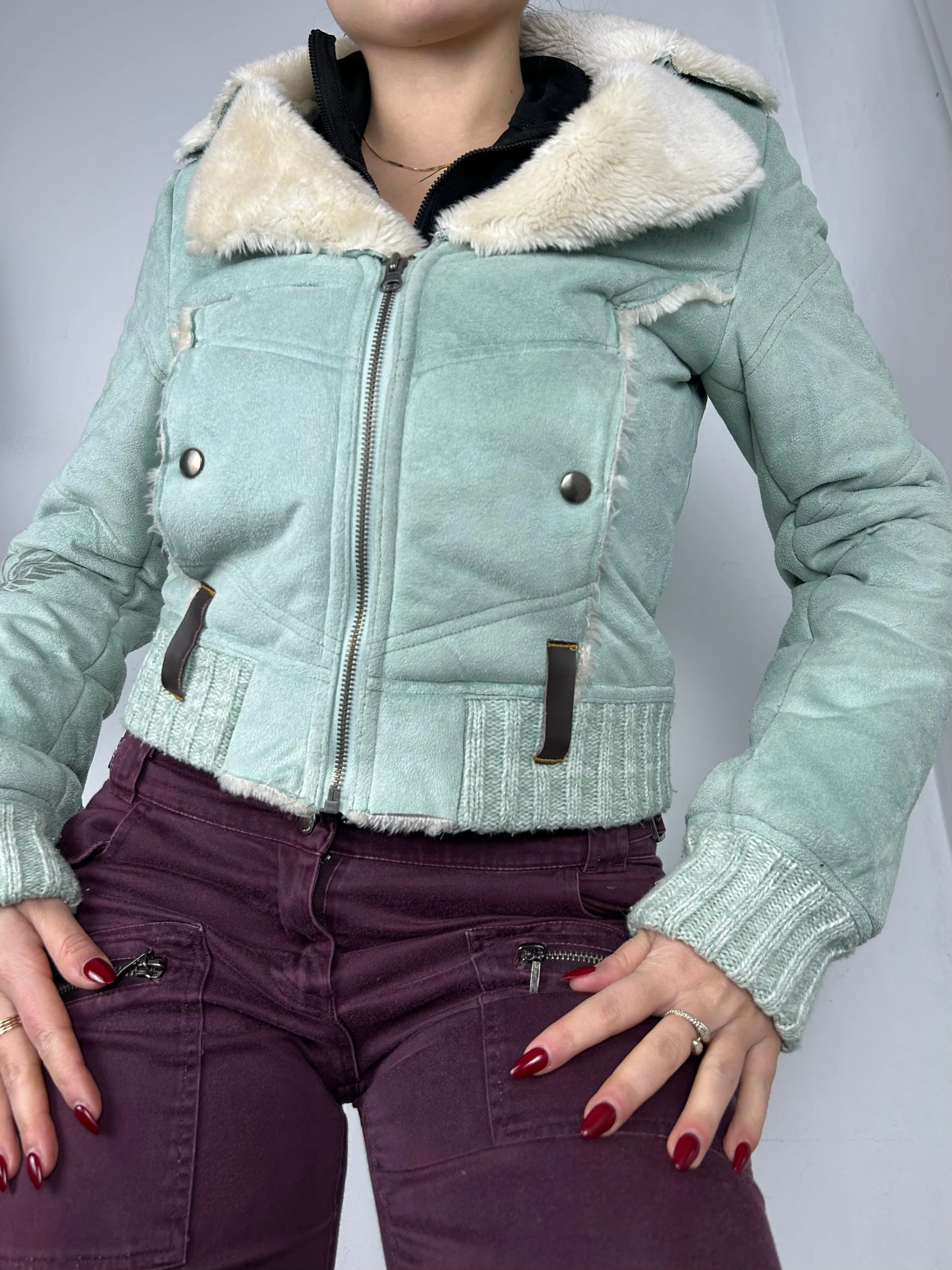 Baby blue suede faux fur winter coat (S/M)