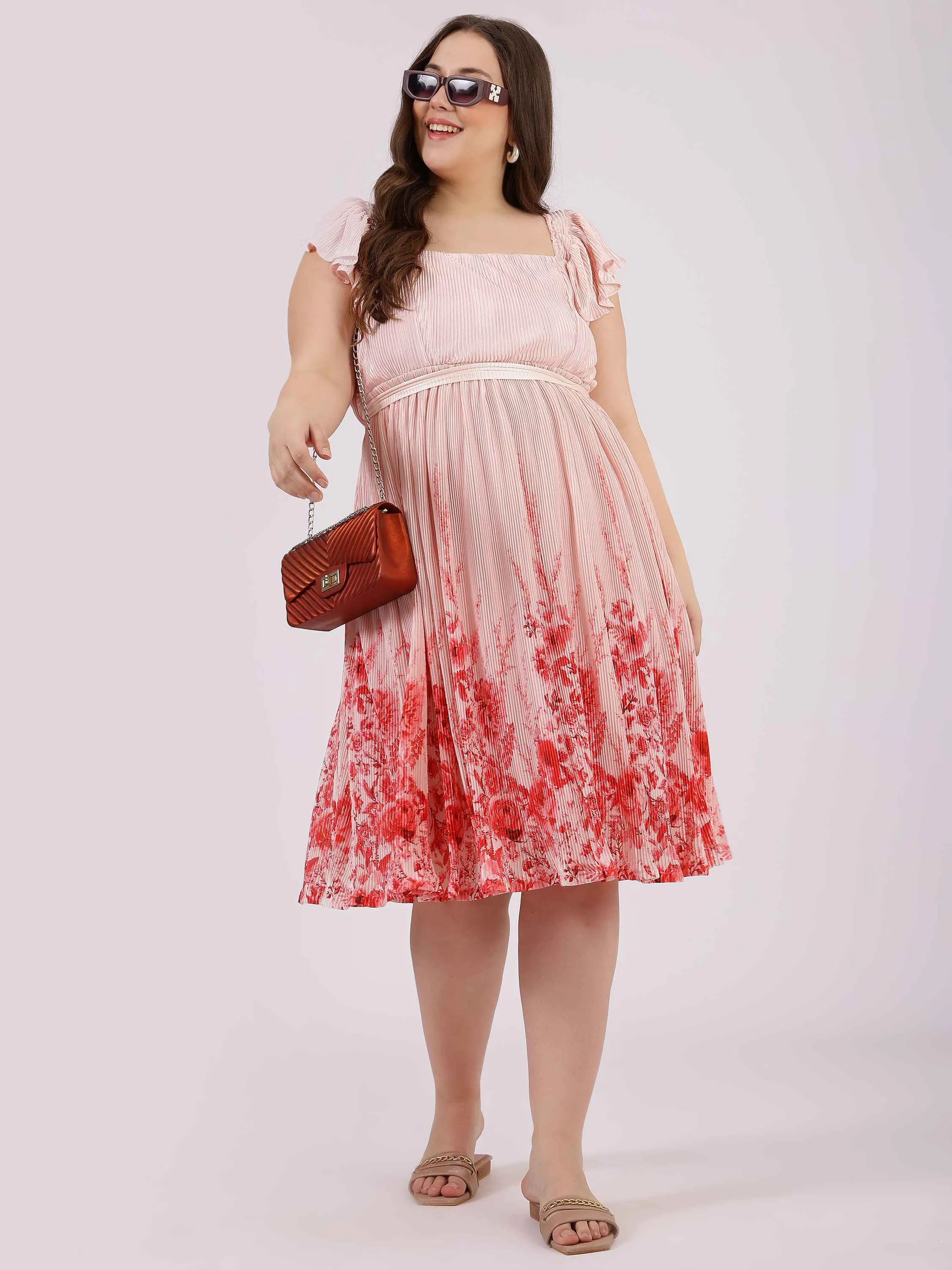 Baby Pink Floral Print Fit and Flare Dress with Puff Sleeves