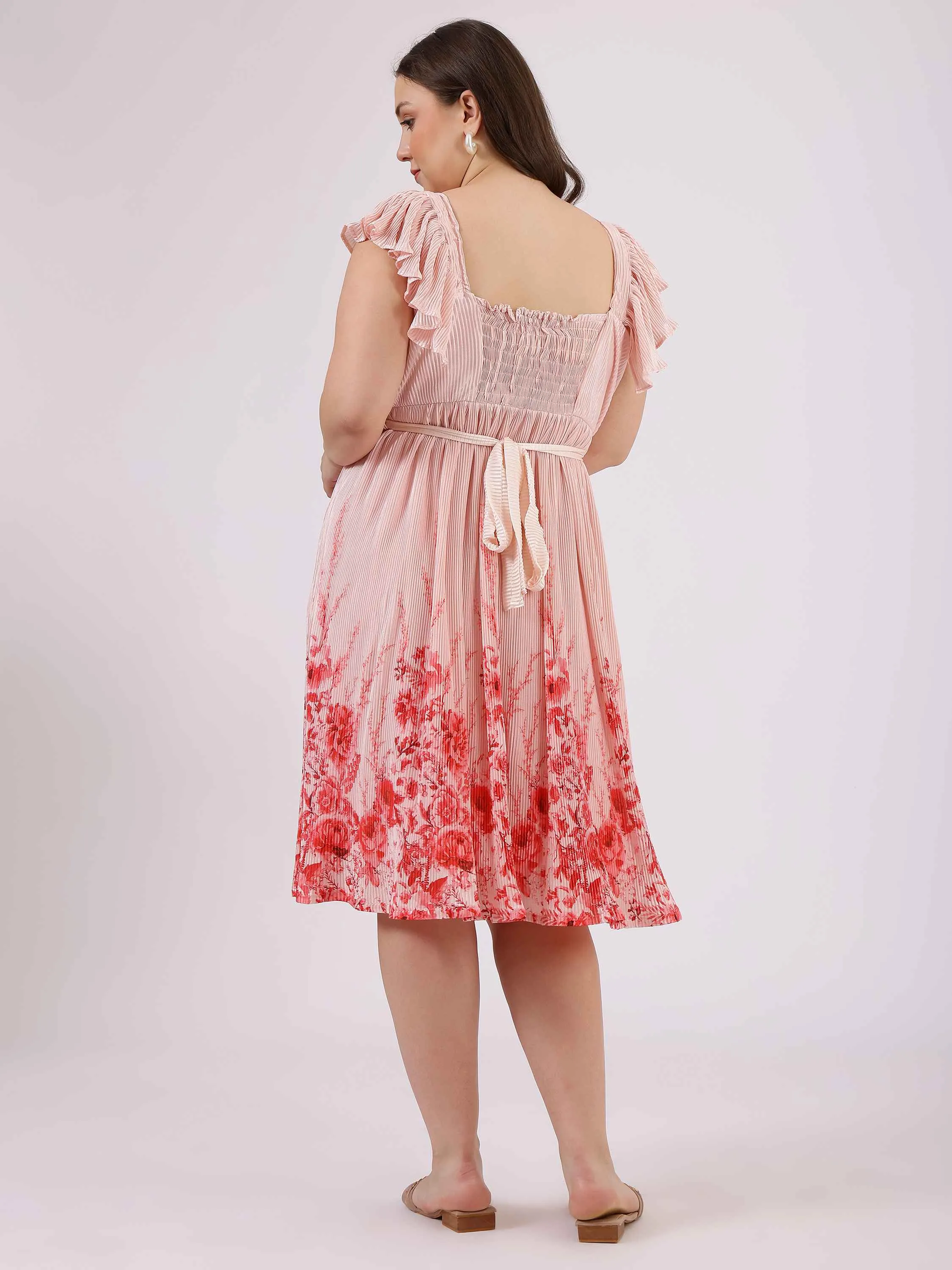 Baby Pink Floral Print Fit and Flare Dress with Puff Sleeves