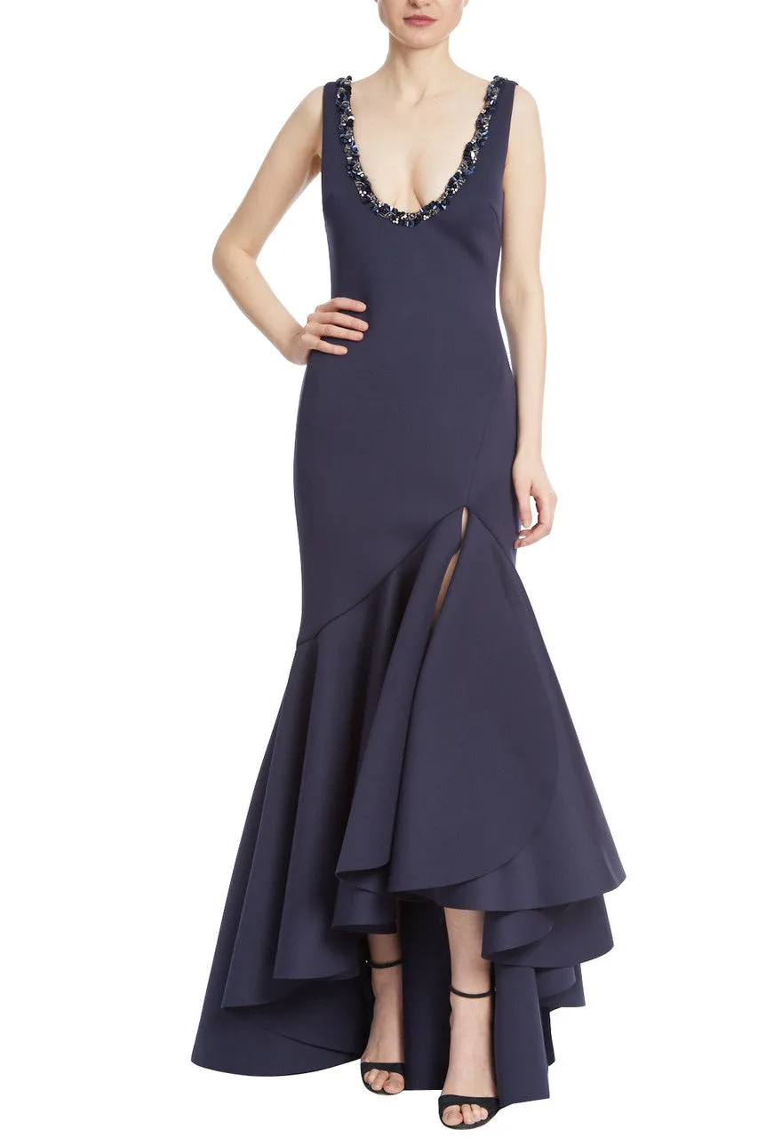 Badgley Mischka beaded scoop neck sleeveless bodycon zipper closure slit front ruffled trumpet scuba gown