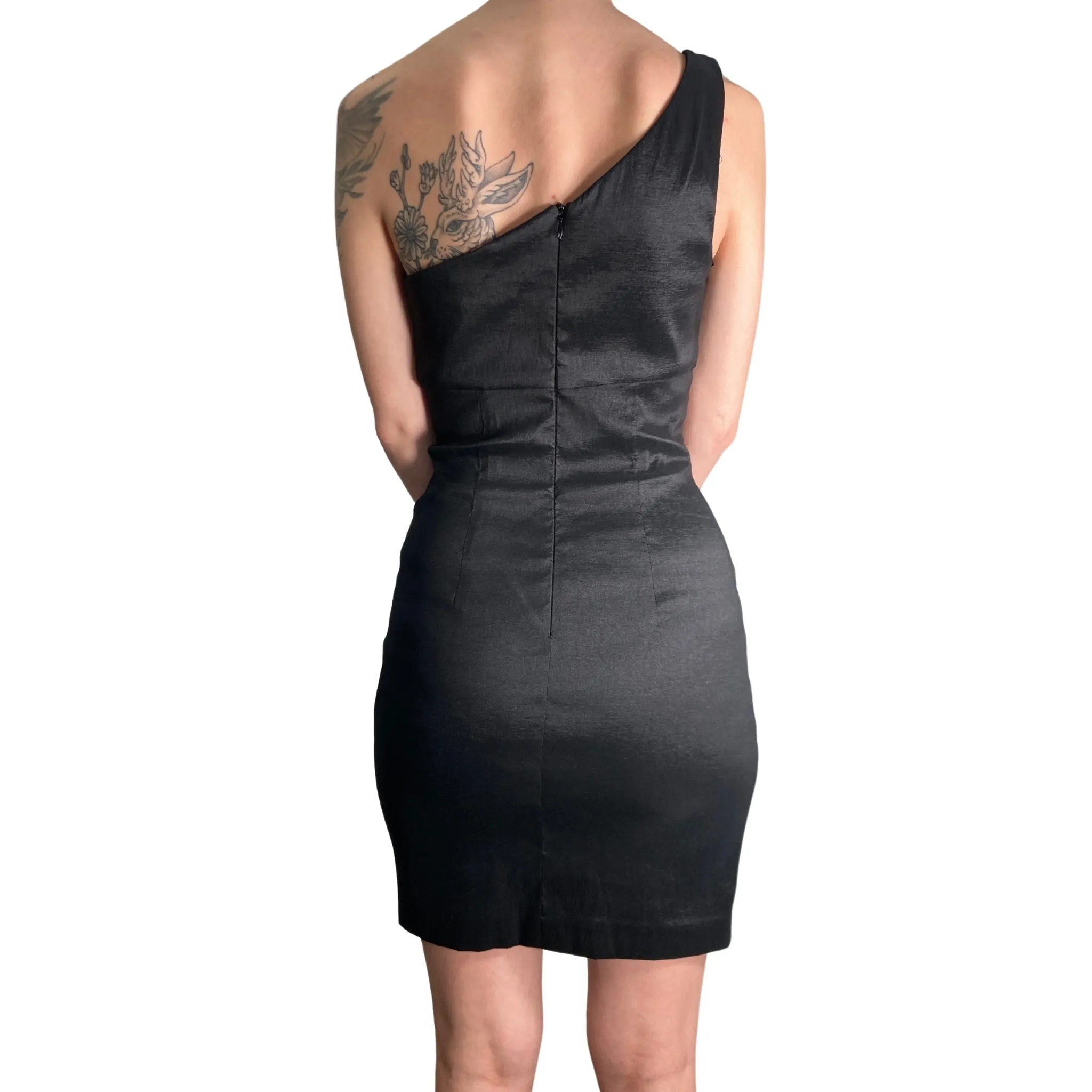 Betsy & Adam Silver & Black Single Shoulder Cocktail Dress