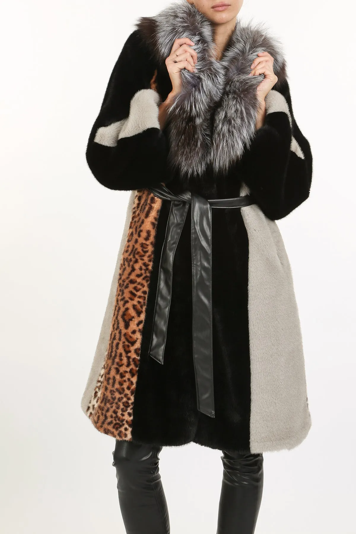 Beulah Style Colorblock Faux Fur Coat