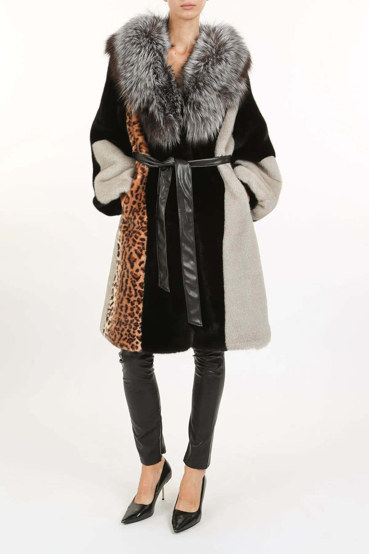 Beulah Style Colorblock Faux Fur Coat